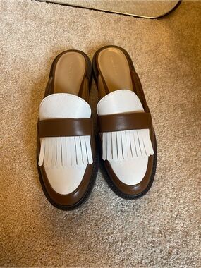 Ann Taylor Brown and White Fringe Leather Mules